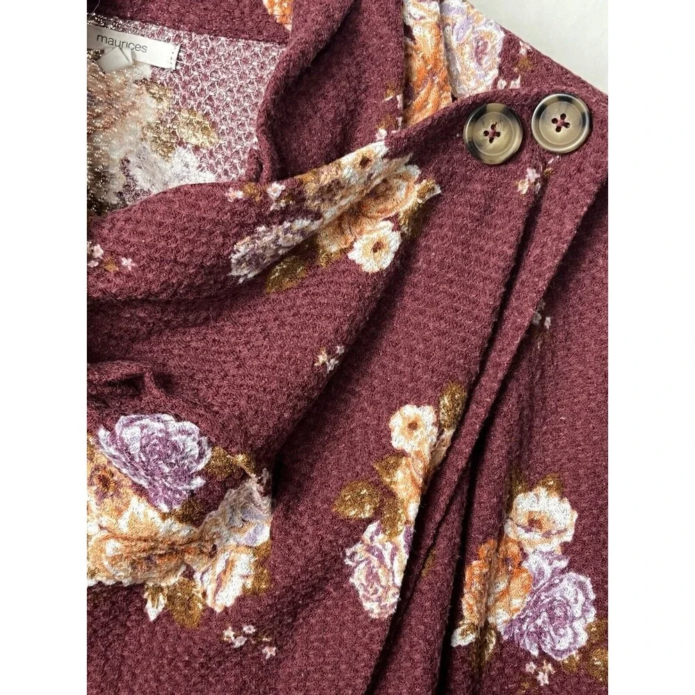 Maurices Sweater Cardigan Long Sleeve Draping Cowl Neck Burgundy Floral‎ Small